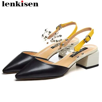 Lenkisen mixed colors chunky med heels pointed toe metal rivets decoration buckle strap women sandals office lady shoes L2f1
Lenkisen mixed colors chunky med heels pointed toe metal rivets decoration buckle strap women sandals office lady shoes L2f1