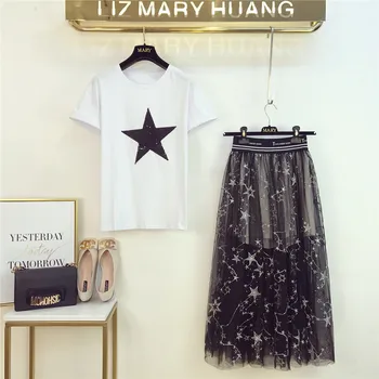 High Quality Women Summer Star Sequined Cotton T-shirt+Letter Embroidery Long Mesh Skirt Set Star Sequines Two pieces Set
High Quality Women Summer Star Sequined Cotton T-shirt+Letter Embroidery Long Mesh Skirt Set Star Sequines Two pieces Set