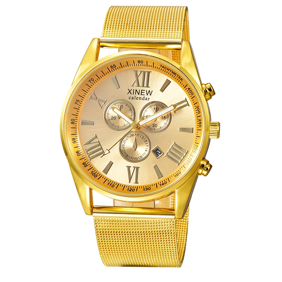 Фото Лидирующий бренд XINEW модные роскошные золотые часы для мужчин с ремешком из