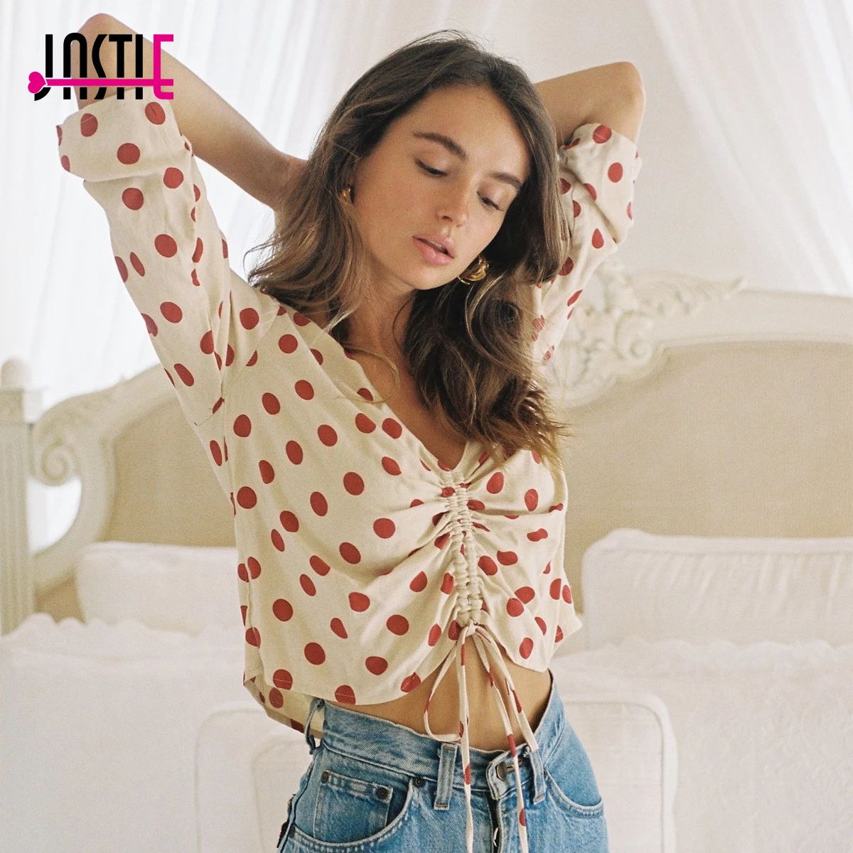 Jastie Polka Dot print Top Drawstring Ruffle V Neck Women Shirt Blouse 3/4 Sleeve Spring Summer Shirt Femme Top Blusa 2018
Jastie Polka Dot print Top Drawstring Ruffle V Neck Women Shirt Blouse 3/4 Sleeve Spring Summer Shirt Femme Top Blusa 2018