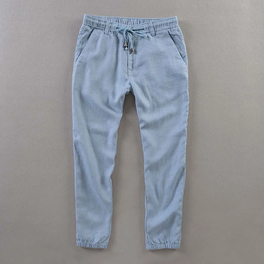 Men's Summer Casual Pants Natural 100%Linen Trousers White Linen Elastic Waist Straight Joggers Pants