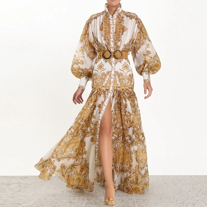 Banulin 2019 Runway Designer Woman Maxi Dress High Waist Puff Sleeve Sashes Gold Floral Print Single Breasted Split Long Dress
Banulin 2019 Runway Designer Woman Maxi Dress High Waist Puff Sleeve Sashes Gold Floral Print Single Breasted Split Long Dress