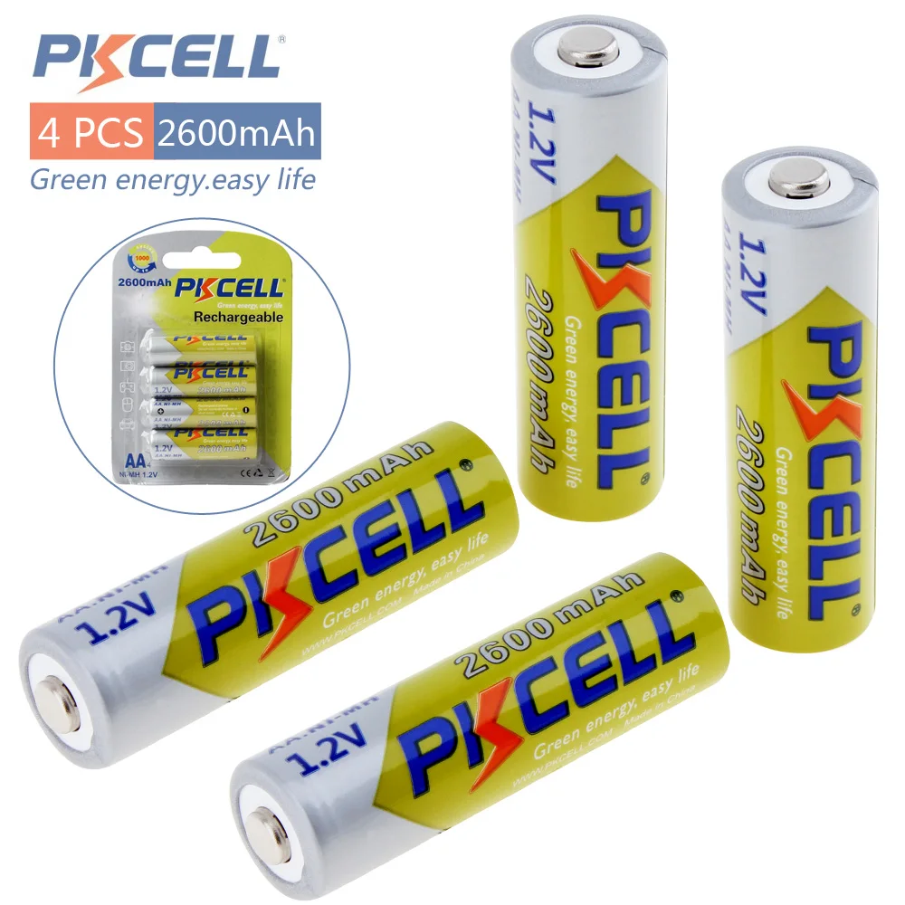 Pkcell 4pc Rechargeable Ni-MH AA 2600mAh 1.2V Battery for Camera Flashlight Toy