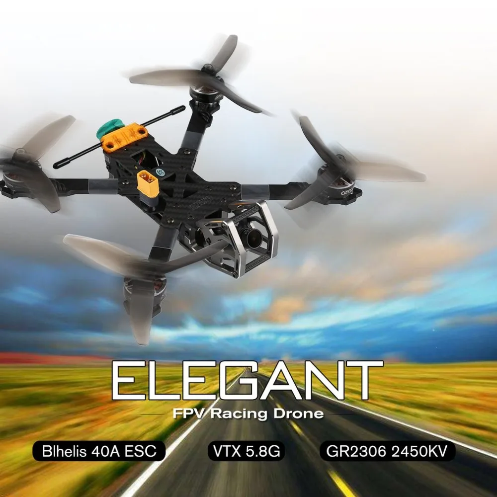 

GEPRC ELEGANT 5.8G 230mm Brushless FPV Racing Drone with Frsky R-XSR Receiver 40A BLHeli_s Full 3K Carbon Fiber 600TVL BNF