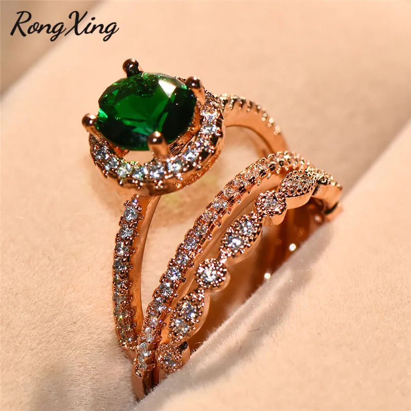 

RongXing Vintage Three Layers Round Zircon Ring Sets Rose Gold Filled May Birthstone Stone Green Rings For Women Bridal Jewelry