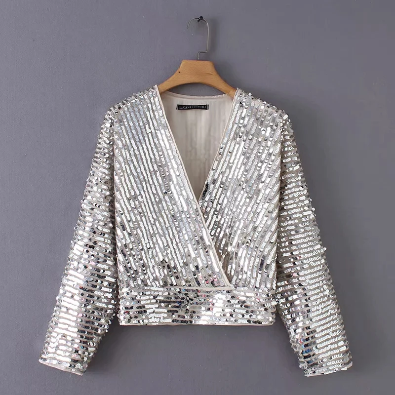 Women fashion Spring cross V-neck shinning sequined slim kimono Sliver blouse shirt women chic blusas roupas femininas tops
Women fashion Spring cross V-neck shinning sequined slim kimono Sliver blouse shirt women chic blusas roupas femininas tops