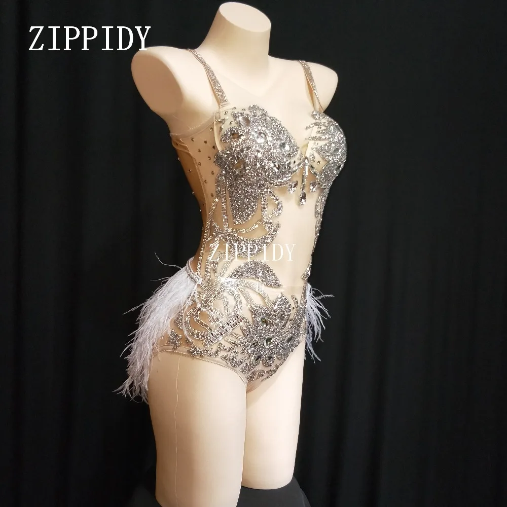 Sparkly Silver Rhinestones See Through Bodysuit Feather Hips Leotard Outfit Women Bar Dance Stage Party Dance Costume Dress 
Sparkly Silver Rhinestones See Through Bodysuit Feather Hips Leotard Outfit Women Bar Dance Stage Party Dance Costume Dress