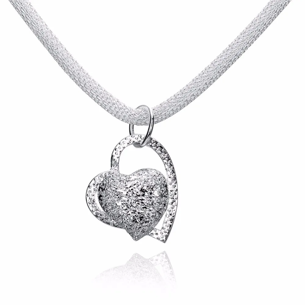 

Silver Plated Necklaces & Pendants Girl Jewelry Silver Inlaid Stone Heart Choker Necklace 18inch Hollow Mesh Chain Romantic Gift