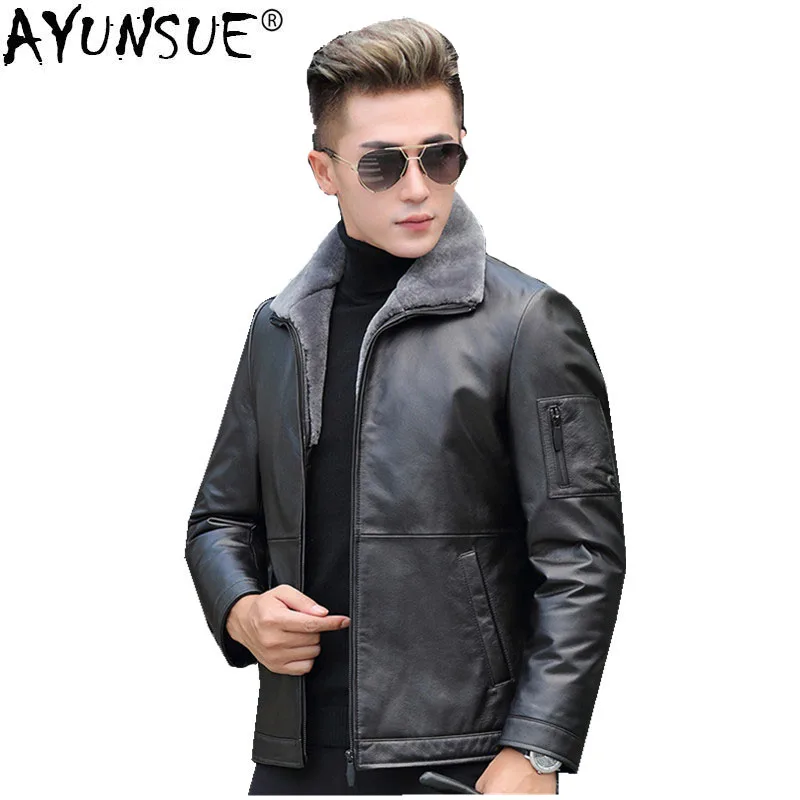 AYUNSUE Genuine Leather Jacket Men Cow Duck Down Jackets Winter Wool Fur Collar Coat Plus Size 4xl MY1314 | Мужская одежда