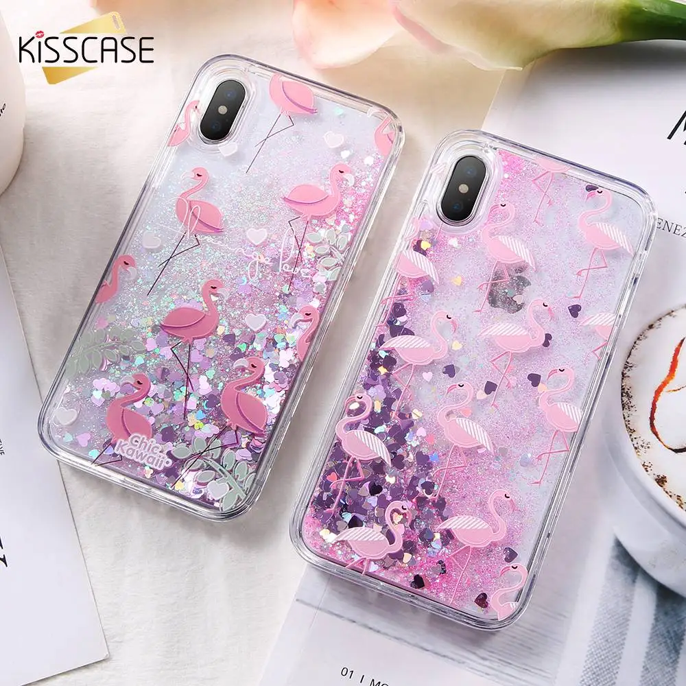 KISSCASE Фламинго телефона чехол для iPhone X 8 Plus милые 3D рельеф блеск Жидкая зыбучие