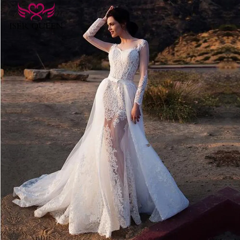Sexy Illusion 2 in 1 Mermaid Wedding Dresses 2019 Detachable Train Long Sleeve Lace Appliques Fashion Style Wedding Dress W0083
Sexy Illusion 2 in 1 Mermaid Wedding Dresses 2019 Detachable Train Long Sleeve Lace Appliques Fashion Style Wedding Dress W0083