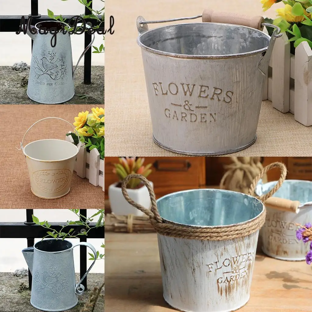 MagiDeal 2Pcs Vintage Metal Tin Hanging Pot Planter Pot Flower Bucket Barrel Basket Container for Balcony Fence Garden Lawn Home