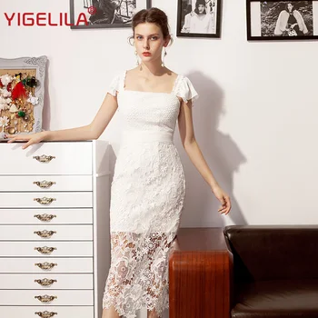 YIGELILA Fashion Women White Sheath Party Dress Summer Square Neck Flare Sleeve Empire Mid Length Hollow Out Lace Dress 64136 
YIGELILA Fashion Women White Sheath Party Dress Summer Square Neck Flare Sleeve Empire Mid Length Hollow Out Lace Dress 64136