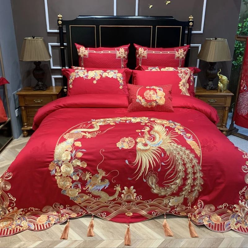 Luxury Egyptian cotton Red Wedding Bedding Set Gold Loong Phoenix Embroidery Duvet Cover Bed sheet/Linen Bedspread Pillowcases
Luxury Egyptian cotton Red Wedding Bedding Set Gold Loong Phoenix Embroidery Duvet Cover Bed sheet/Linen Bedspread Pillowcases