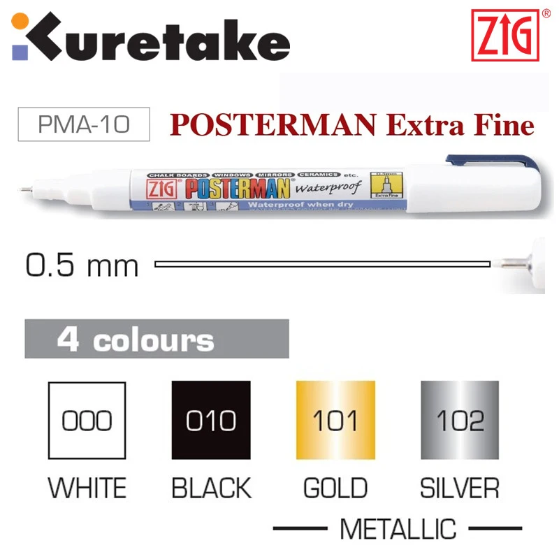 ZIG Posterman 0.5 mm Kuretake Metallic Waterproof Chalk Marker Pens Brush Poster Pens PMA-10 Silver Gold Japan POP Markers
ZIG Posterman 0.5 mm Kuretake Metallic Waterproof Chalk Marker Pens Brush Poster Pens PMA-10 Silver Gold Japan POP Markers