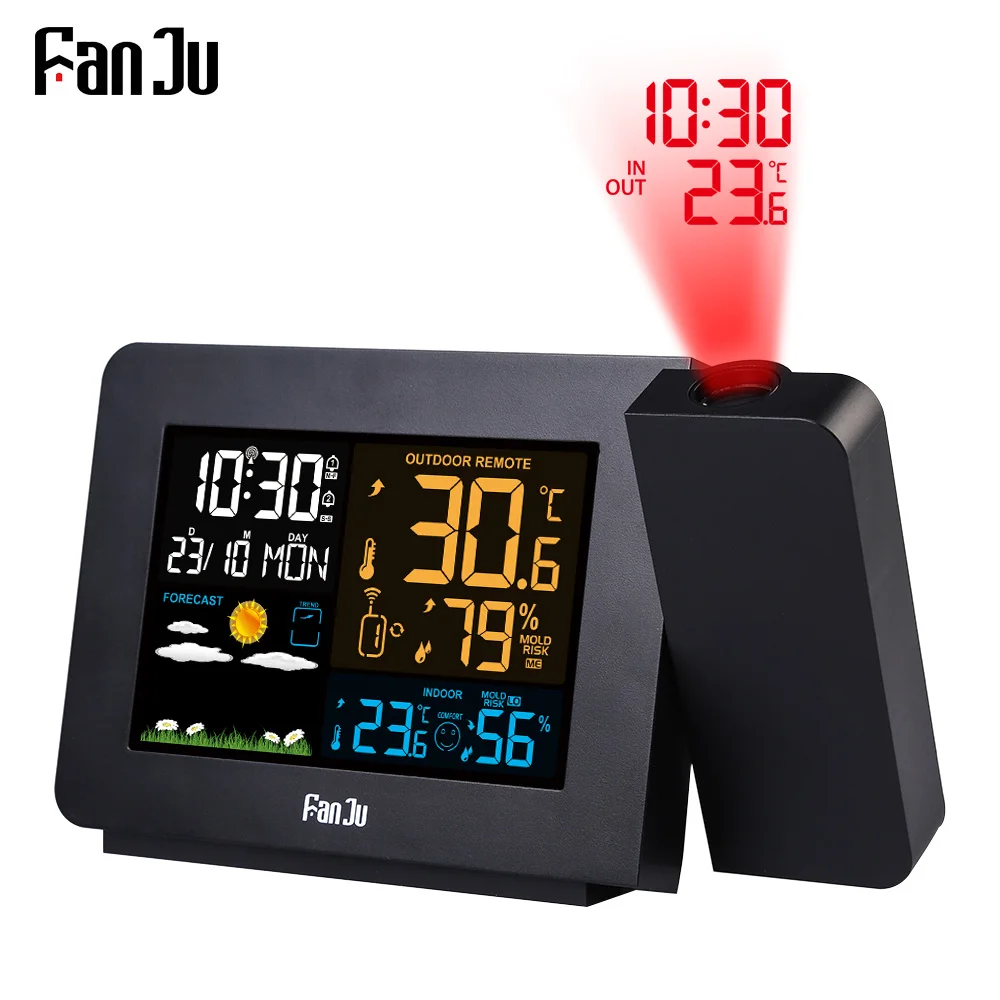 FanJu Digital Alarm Clock Weather Station LED Temperature Humidity Weather Forecast Snooze Table Clock With Time Projection
FanJu Digital Alarm Clock Weather Station LED Temperature Humidity Weather Forecast Snooze Table Clock With Time Projection