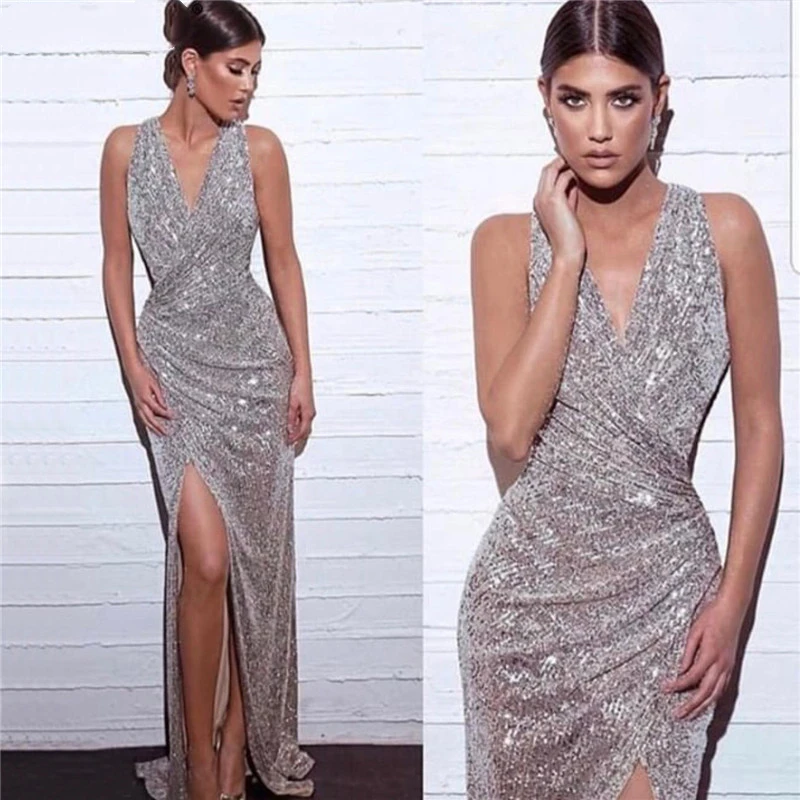 Dubai Design Silver Deep-V Luxury Evening Dresses Sequined Mermaid Sexy Side Split Evening Gowns 2019 Sparkle Prom Dresses
Dubai Design Silver Deep-V Luxury Evening Dresses Sequined Mermaid Sexy Side Split Evening Gowns 2019 Sparkle Prom Dresses
