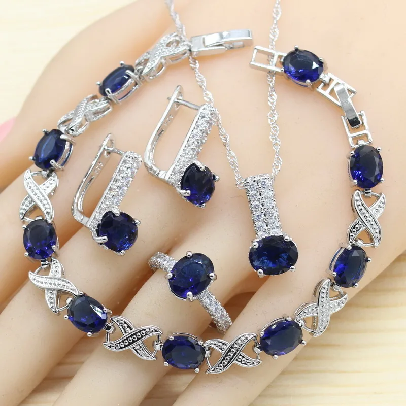 Royal Blue Semi-precious Women Bridal 925 Silver Jewelry Sets Hoop Earrings Bracelet Rings Necklace Pendant Gift Box 2019 New 
Royal Blue Semi-precious Women Bridal 925 Silver Jewelry Sets Hoop Earrings Bracelet Rings Necklace Pendant Gift Box 2019 New