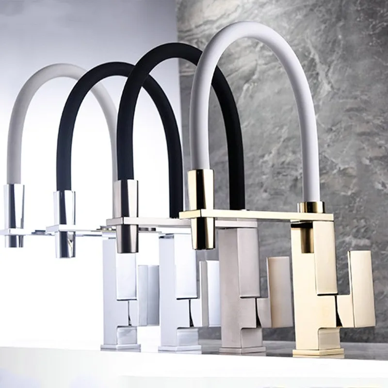 

Gold/Chrome/Brushed solid brass kitchen faucet Tall square pull down kitchen mixer faucet Double spout High quality material