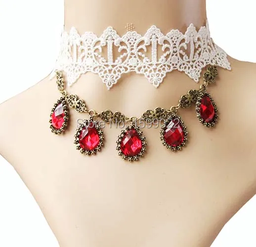 Retro White Lace Necklace Antique Bronze Charms Red Rhinestone Choker Coctail Evening Dress Accessories Women Wedding Jewelry
Retro White Lace Necklace Antique Bronze Charms Red Rhinestone Choker Coctail Evening Dress Accessories Women Wedding Jewelry