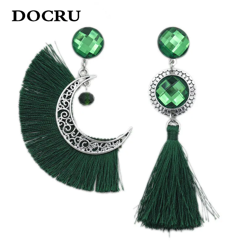 free shipping Vintage Ethnic Handmade Green Tassel stud Earrings For Women Bohemian Moon Fashion Party Jewelry | Украшения и
