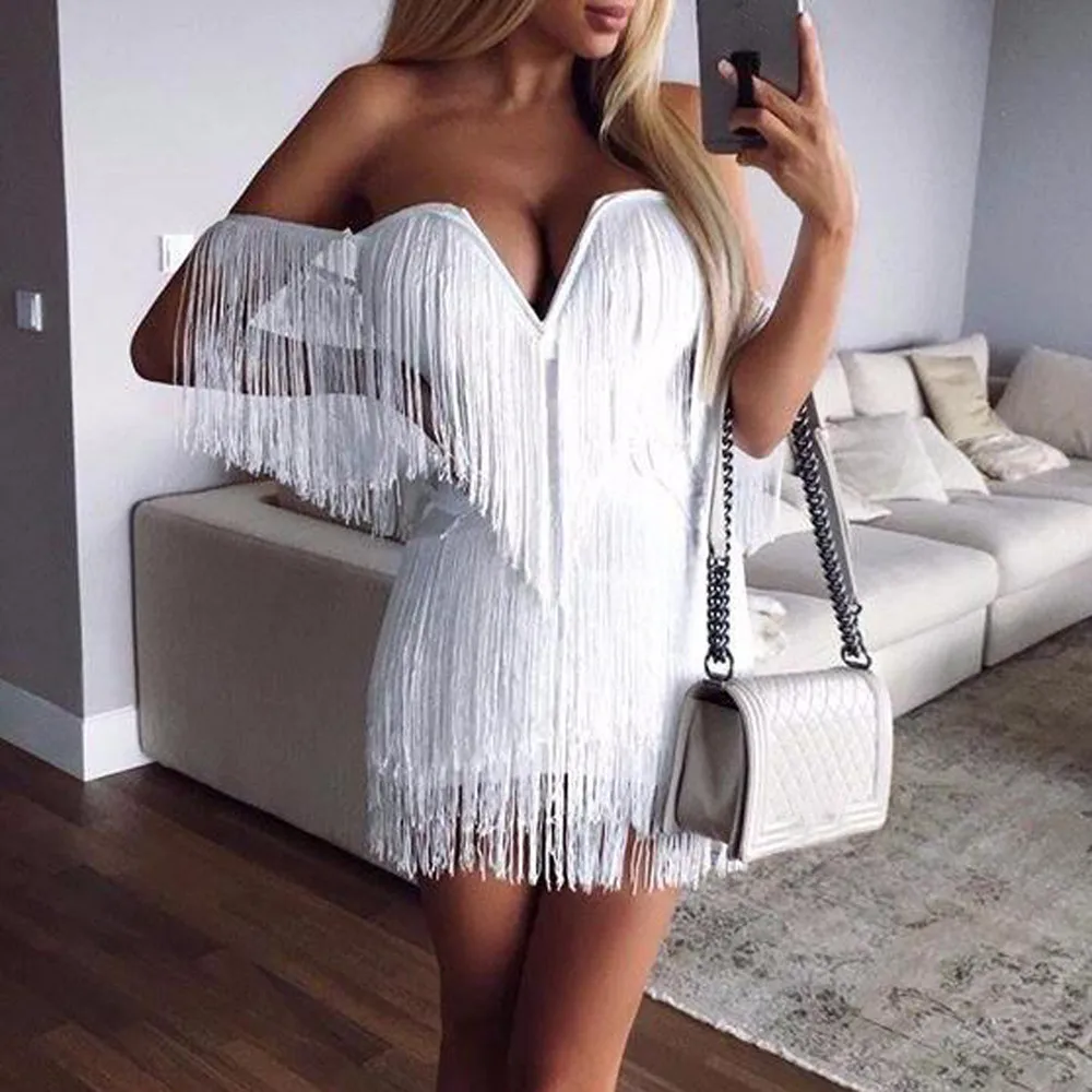 Women's Sexy Deep V-Neck off-Shoulder White Tassel Dress Woman Elegant Strapless Evning Party NightClub Gown Mini Dress Sundress
Women's Sexy Deep V-Neck off-Shoulder White Tassel Dress Woman Elegant Strapless Evning Party NightClub Gown Mini Dress Sundress