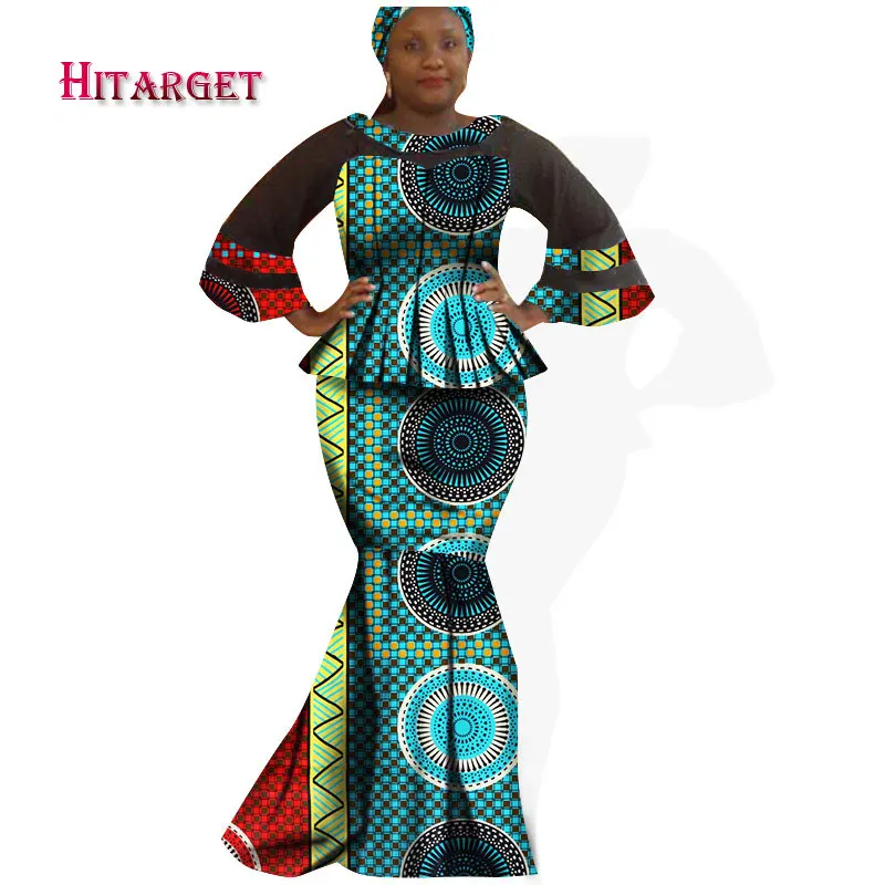 

Hitarget 2019 New African Fabric Ghana Print Plus Size African 2 Pieces Top and Bottom Set with Free Head Scarf Clothing WY1075
