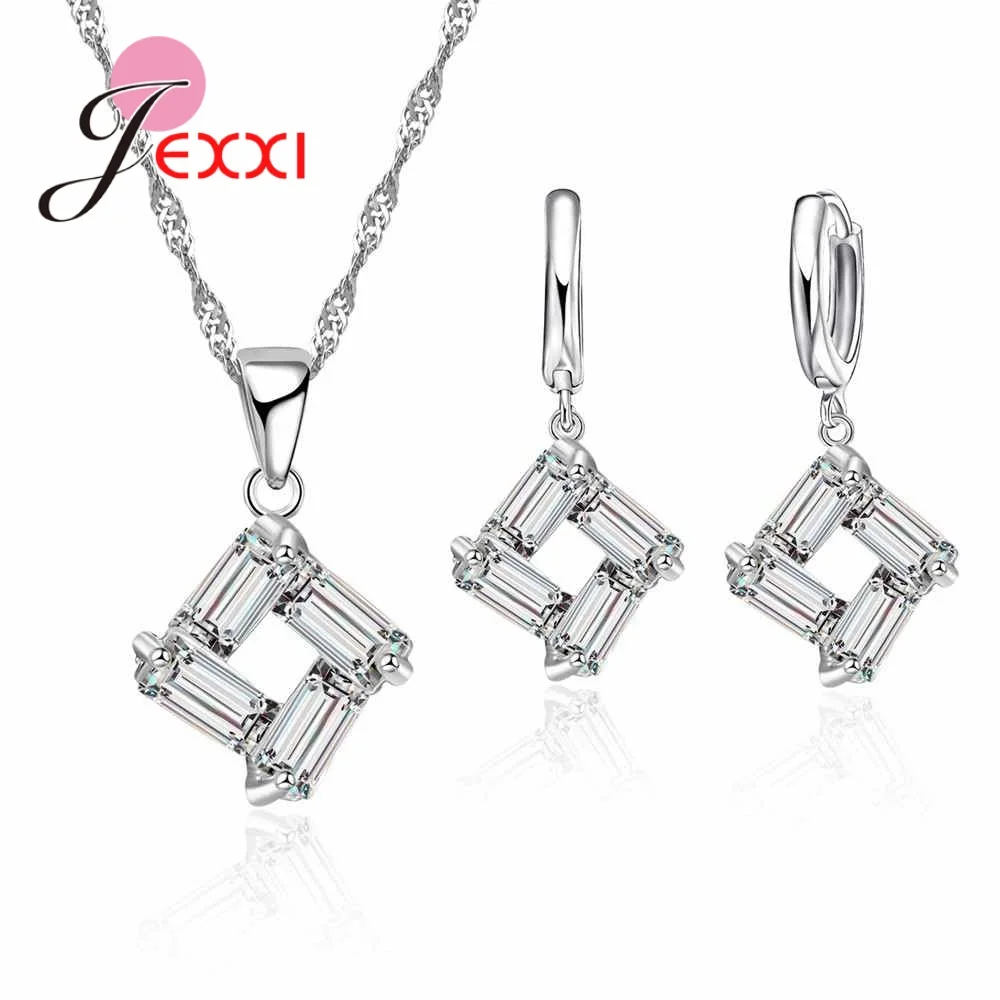 

Simple Necklace+2PCS Earrings Square Cubic Zircons Design Women 925 Sterling Silver Jewelry Sets For Wedding Party