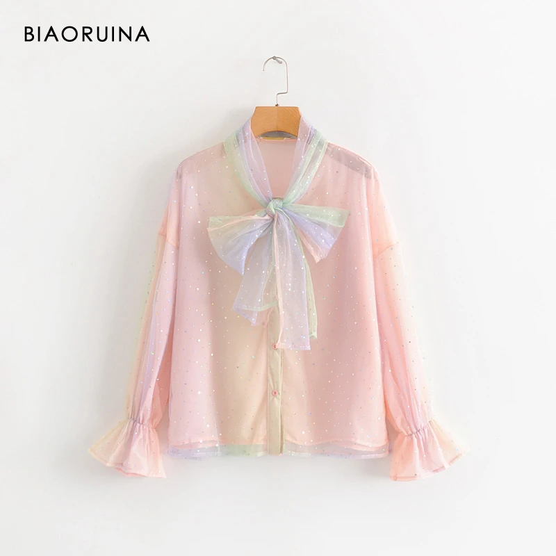 BIAORUINA Women Single Breasted Rainbow Color Printing Patchwork Sequines Mesh Loose Sweet Shirt Blouse Bow Collar Flare Sleeve
BIAORUINA Women Single Breasted Rainbow Color Printing Patchwork Sequines Mesh Loose Sweet Shirt Blouse Bow Collar Flare Sleeve