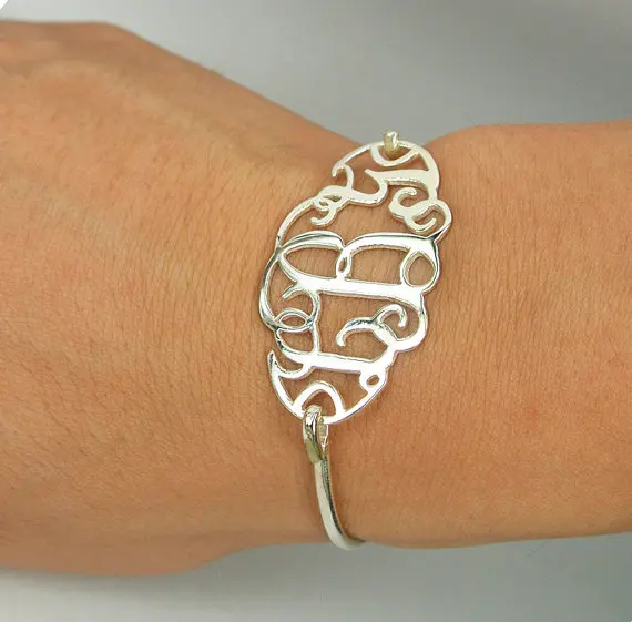 Image Wholesale Silver Monogram Bangle, Custom 1.5 Inch Initial Bracelet, Personalized Bridesmaid Jewelry Christmas Gift