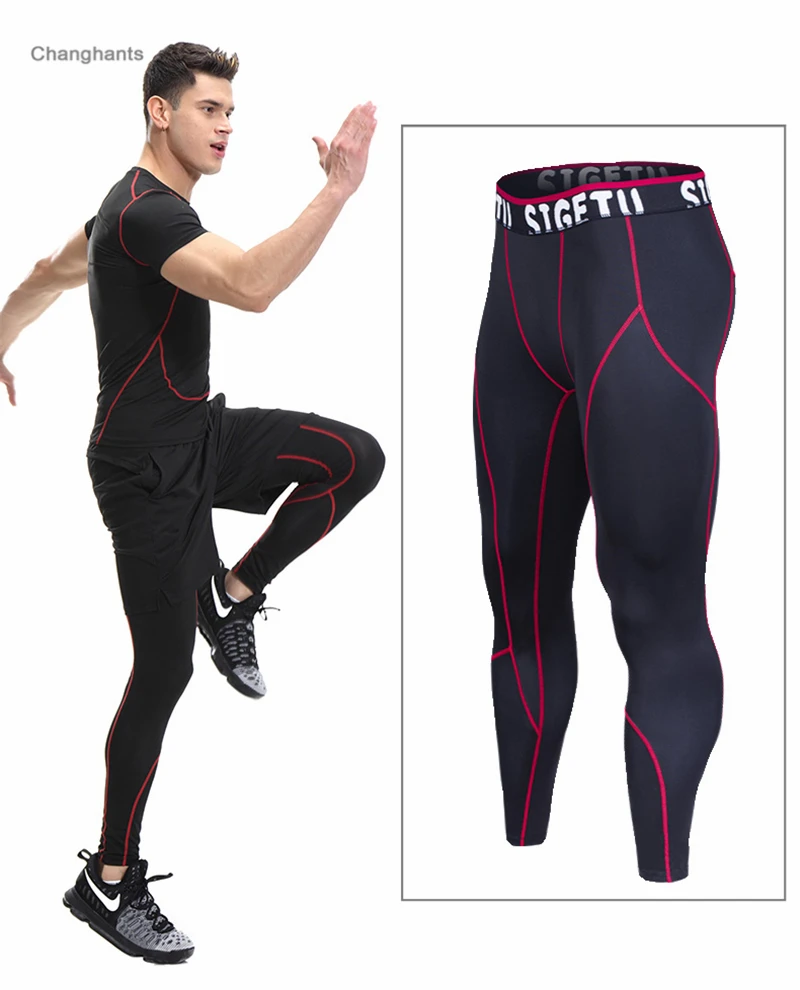 Men Running Tights Black with Red or Green Lines Basketball Tight Jerseys Quick Dry Yoga Sportswear Elastic Pants Gym Clothes | Спорт и