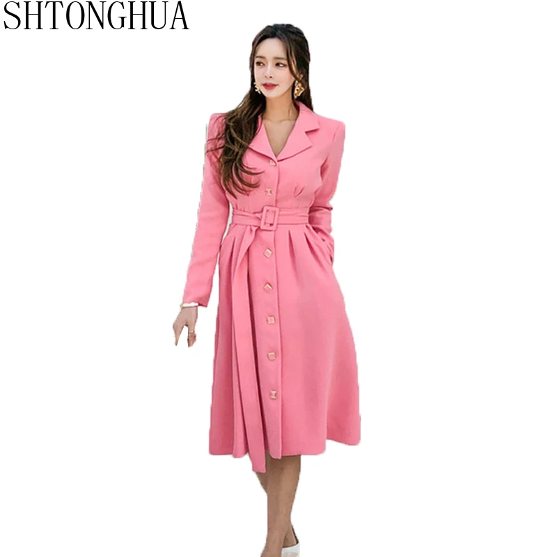 

SHTONGHUA Luxury Designer 2019 Spring Women coat dress Runway pink single breasted Long sleeve Lady Slim Trench Coat