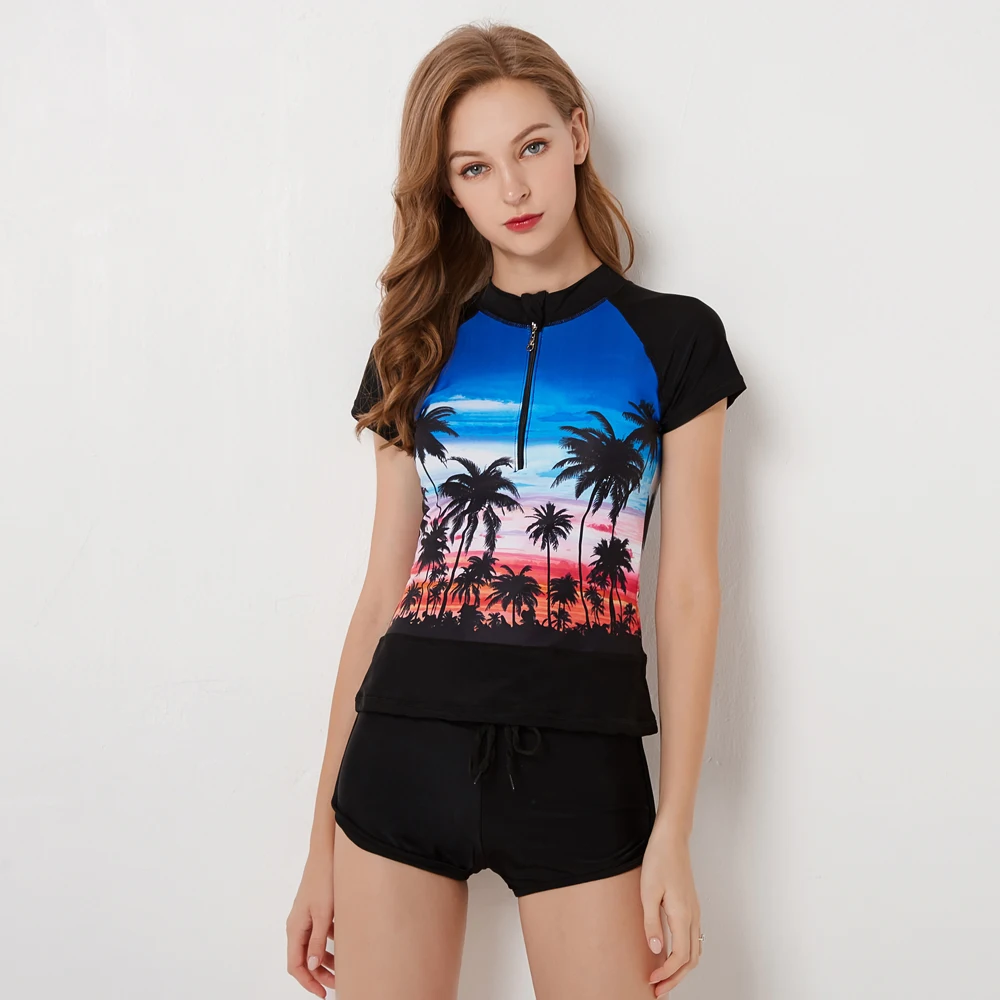 

Plus Size Rashguard Women Zipper Swimwear Palm Tree Print Surf Wear Two Piece Shorts Panty Diving Shirt Short Sleeve Swimsuit 4X