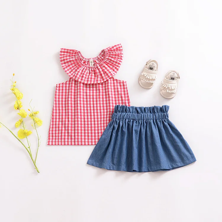 CieiK Summer Baby Girl Clothes Red Plaid Top + Blue Skirt Set Newborn Ruffles Short Sleeves 2PCS Toddler Kids Clothing Set (6)