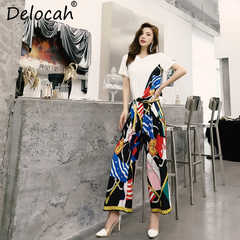 Delocah Women Summer Suits Runway Fashion Short Sleeve Color Splice T-Shirt And Casual Print Wide Leg Long Pants Two Pieces Set
Delocah Women Summer Suits Runway Fashion Short Sleeve Color Splice T-Shirt And Casual Print Wide Leg Long Pants Two Pieces Set