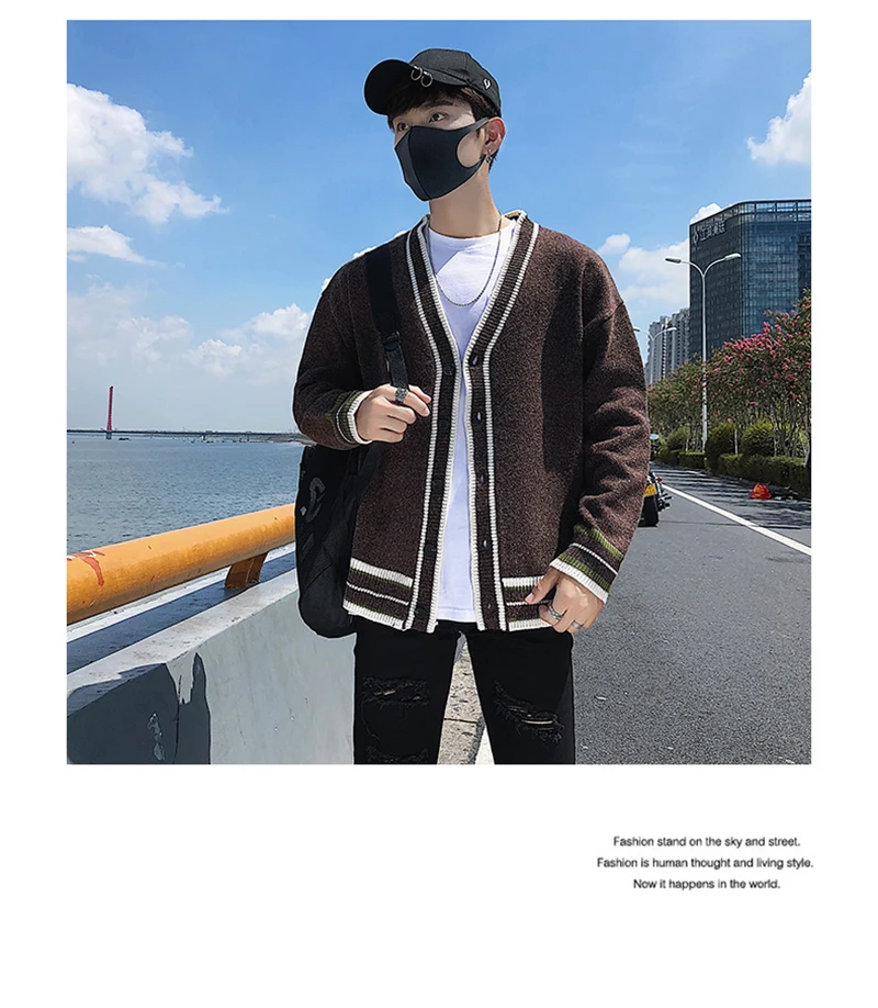 Check Button Cardigan Male Oversize Loose Streetwear (23)