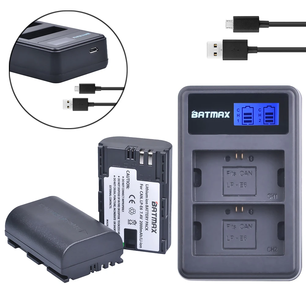 

2X 2000MaH LP-E6 LP E6 LPE6 Battery + LCD Dual USB Charger for Canon EOS 5DS R 5D Mark II Mark III 6D 7D 60D 60Da 70D 80D DSLR