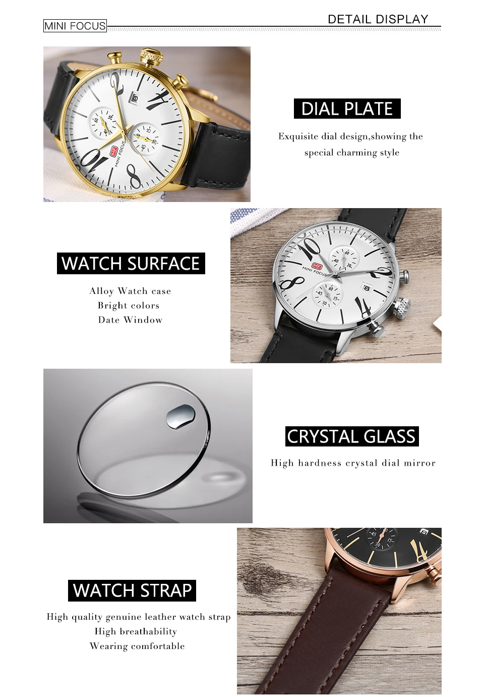 Мужские водонепроницаемые кварцевые часы с ремешком из натуральной кожи и