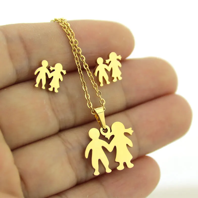 1 Set Golden Stainless Steel Girl And Boy Hand in Hand Jewelry Sets Charms Love Earrings Necklace Women Girls Couple Gift
1 Set Golden Stainless Steel Girl And Boy Hand in Hand Jewelry Sets Charms Love Earrings Necklace Women Girls Couple Gift