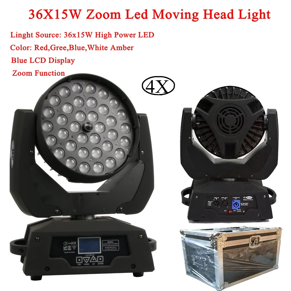 

4pcs/lot LED Wash Zoom Moving Head Light 36x15W RGBWA 5IN1 Touch Screen With 16 Channels DJ Disco Stage Lighting DMX Controller