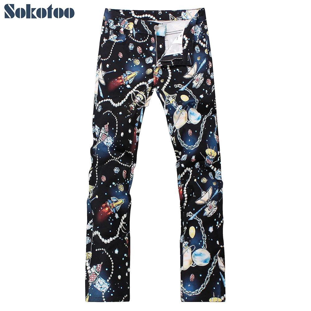 Sokotoo Men's pattern printed lightweight denim jeans Fashion colored drawing black slim fit pants
Sokotoo Men's pattern printed lightweight denim jeans Fashion colored drawing black slim fit pants