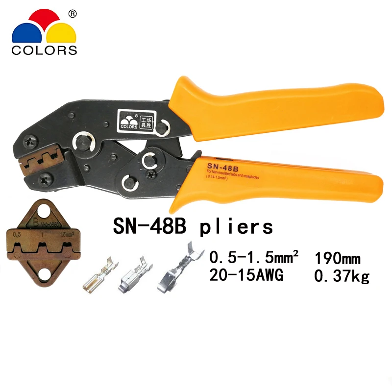 COLORS SN-48B wire crimping plier capacity 0.5-1.5mm2 20-15AWG for unisuated receptacles and TAB 2.8mm 4.8mm width terminals
COLORS SN-48B wire crimping plier capacity 0.5-1.5mm2 20-15AWG for unisuated receptacles and TAB 2.8mm 4.8mm width terminals