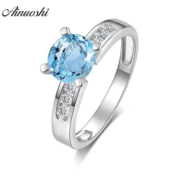 

AINUOSHI Natural Blue Topaz Ring Engagement Wedding Ring Inlaid Drills 1.25ct Round Cut Gems Ring 925 Silver Jewelry Women Ring