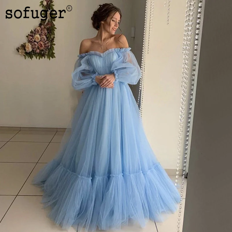 Blue Pink Simple Sexy Sweetheart Fashion Evening Dresses Long Sleeves Tulle Evening Gowns Off the Shoulder Tiered Pleat
Blue Pink Simple Sexy Sweetheart Fashion Evening Dresses Long Sleeves Tulle Evening Gowns Off the Shoulder Tiered Pleat