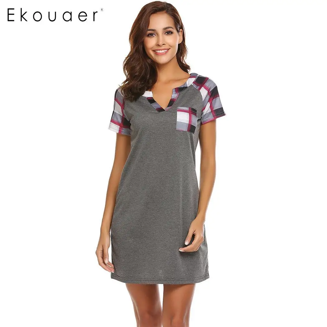 

Ekouaer Women Nightgowns Casual Nightwear Plaid Short Sleeve Nightshirts V-Neck Loose Sleepwear Female Chemise Dress Home Cloth