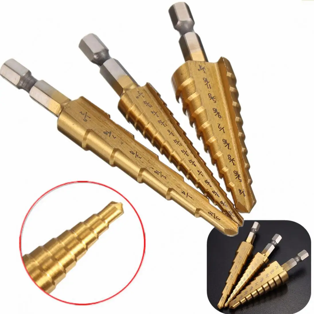 3pcs HSS Step Drills 1/4 Inch Hex Shank 3/16-1/2 1/8-1/2 1/4-3/4 Inch Metal Drilling Drill bit for Power Tool Kit Metal Drilling
3pcs HSS Step Drills 1/4 Inch Hex Shank 3/16-1/2 1/8-1/2 1/4-3/4 Inch Metal Drilling Drill bit for Power Tool Kit Metal Drilling