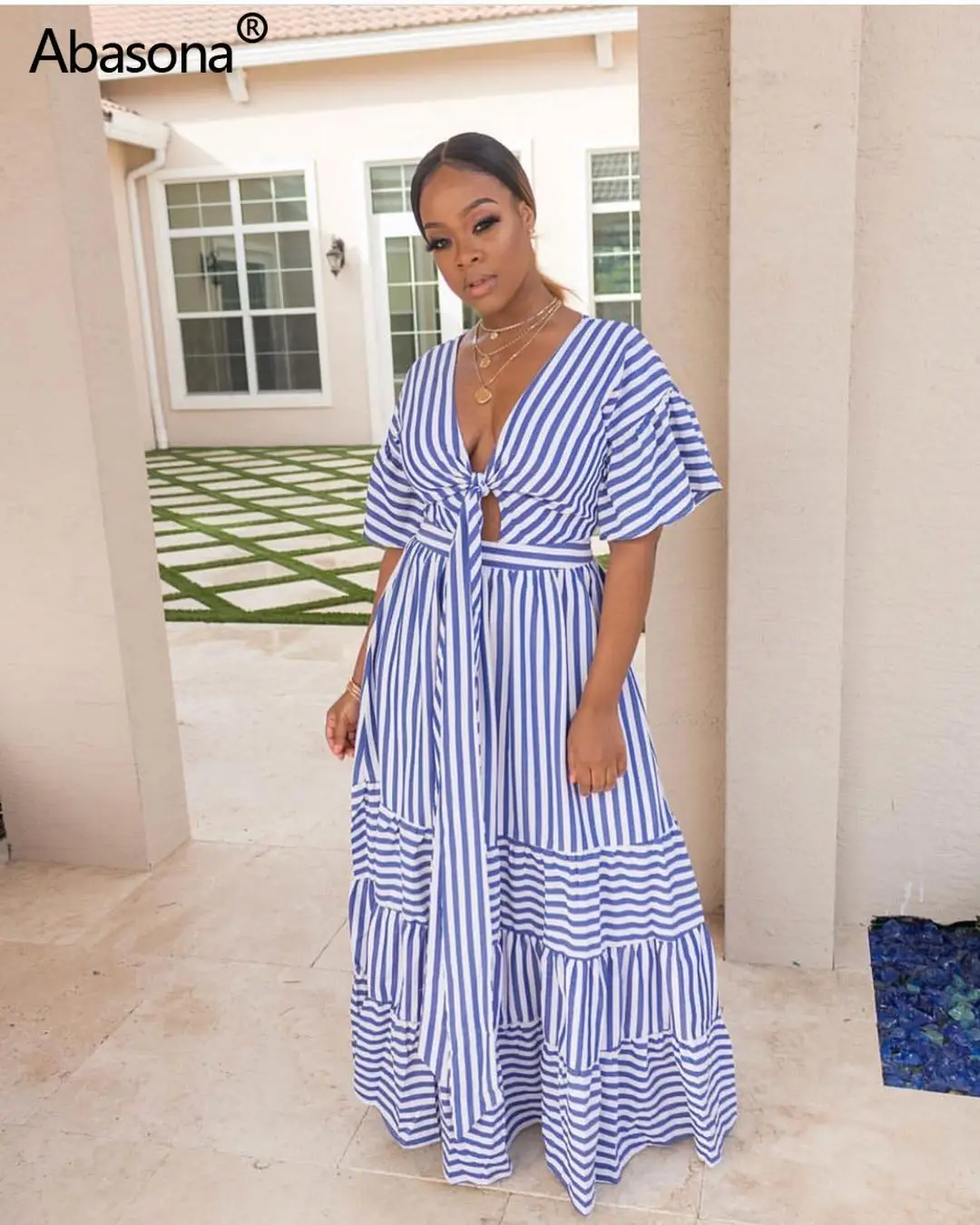 2019 Women Summer Striped Tie Up V-neck Short Sleeve Splicing Loose Long Dress Casual Beach Fashion Sexy Maxi Dresses Plus Size
2019 Women Summer Striped Tie Up V-neck Short Sleeve Splicing Loose Long Dress Casual Beach Fashion Sexy Maxi Dresses Plus Size