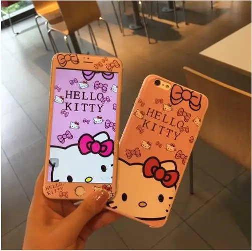 

Cartoon Hello Kitty Case Film for IPhone 6 S 6S 7 8 Plus 7Plus KT Cat Tempered Glass Coque for IPhone7 IPhone8 Soft Cover Cases