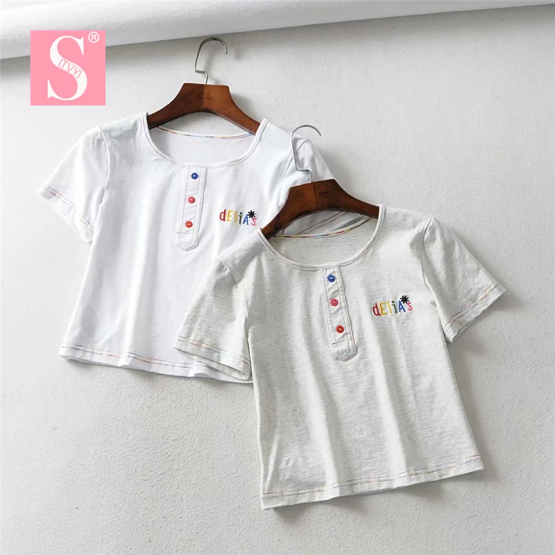STVY 95%Cotton Colored Letters Embroidery Women T-shirts Summer O-neck Short Sleeve Harajuku Fashion Slim Short Female T-shirt
STVY 95%Cotton Colored Letters Embroidery Women T-shirts Summer O-neck Short Sleeve Harajuku Fashion Slim Short Female T-shirt