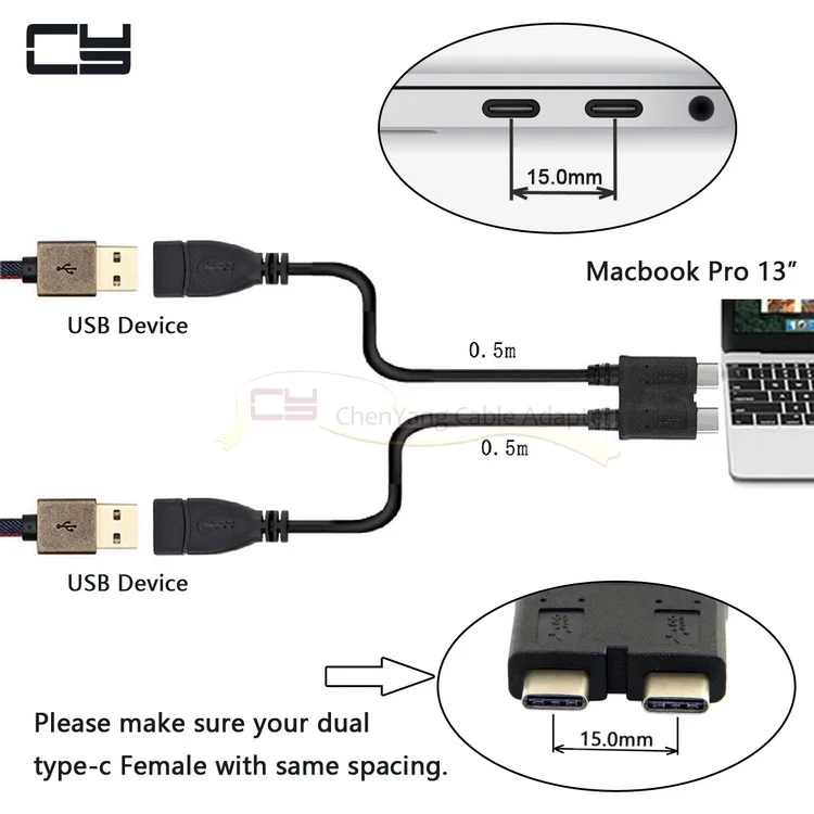 

Dual USB 3.1 Type-C OTG Function Cable 50cm For Macbook pro 13"